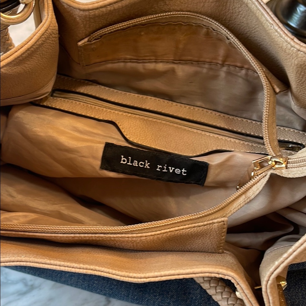 Black Rivet Denim & Tan Boho Shoulder Bag | Braided Handle Mixed Media Tote - Picture 8 of 8